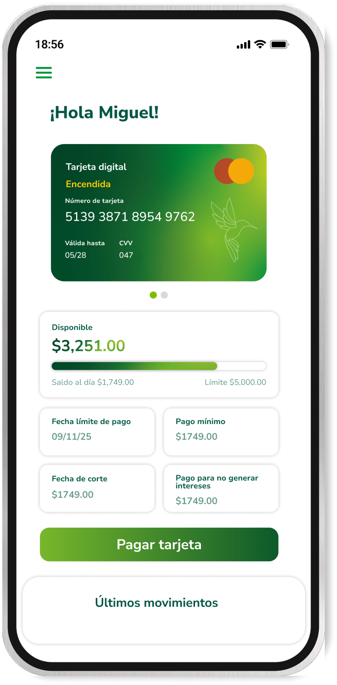 App Flex Dondé Crédito mostrando la tarjeta digital y el saldo disponible